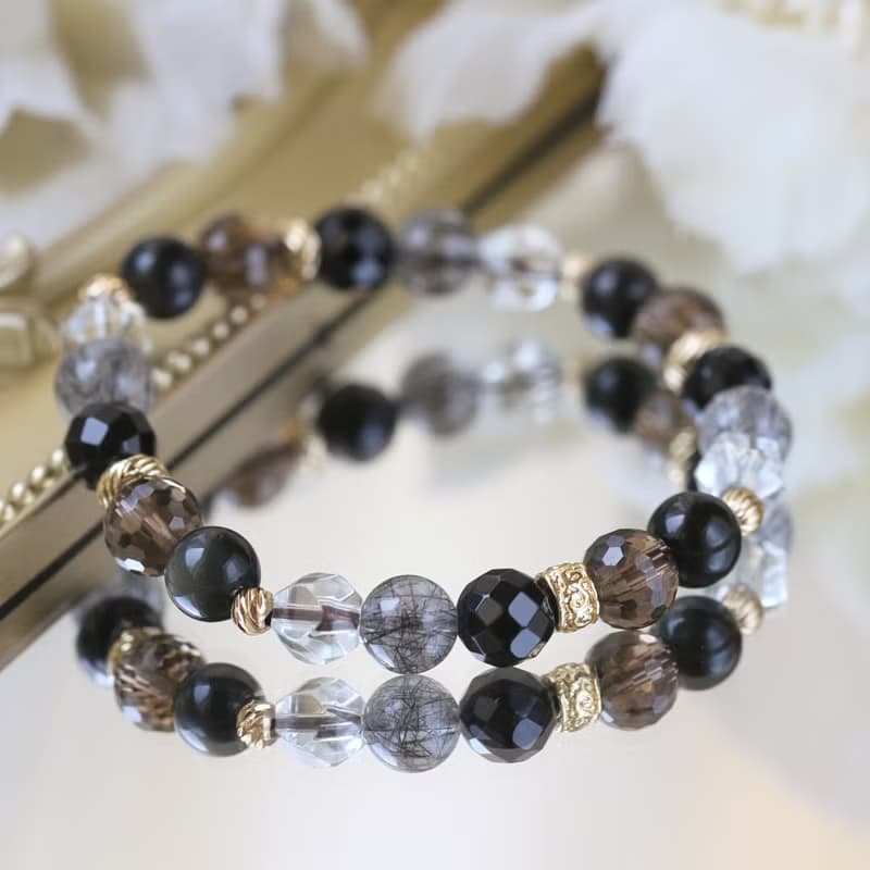 黑曜石 黑髮晶 茶晶 黑瑪瑙。阿寒湖。8mm健康避邪水晶手鍊