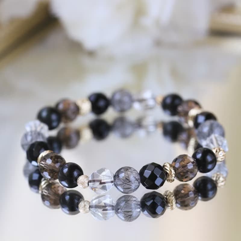 黑曜石 黑髮晶 茶晶 黑瑪瑙。阿寒湖。8mm健康避邪水晶手鍊