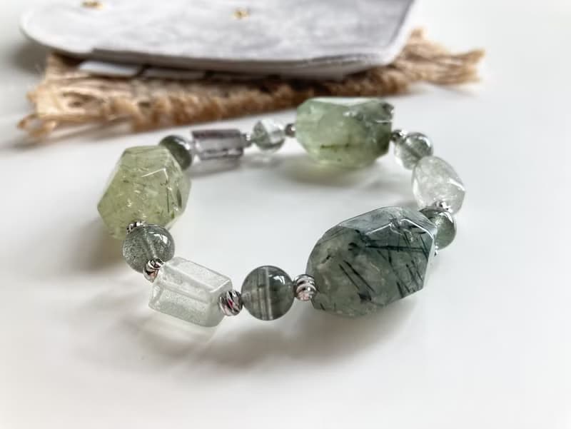 提升正財運/正能量 天然水晶 葡萄石x綠幽靈原石手鍊