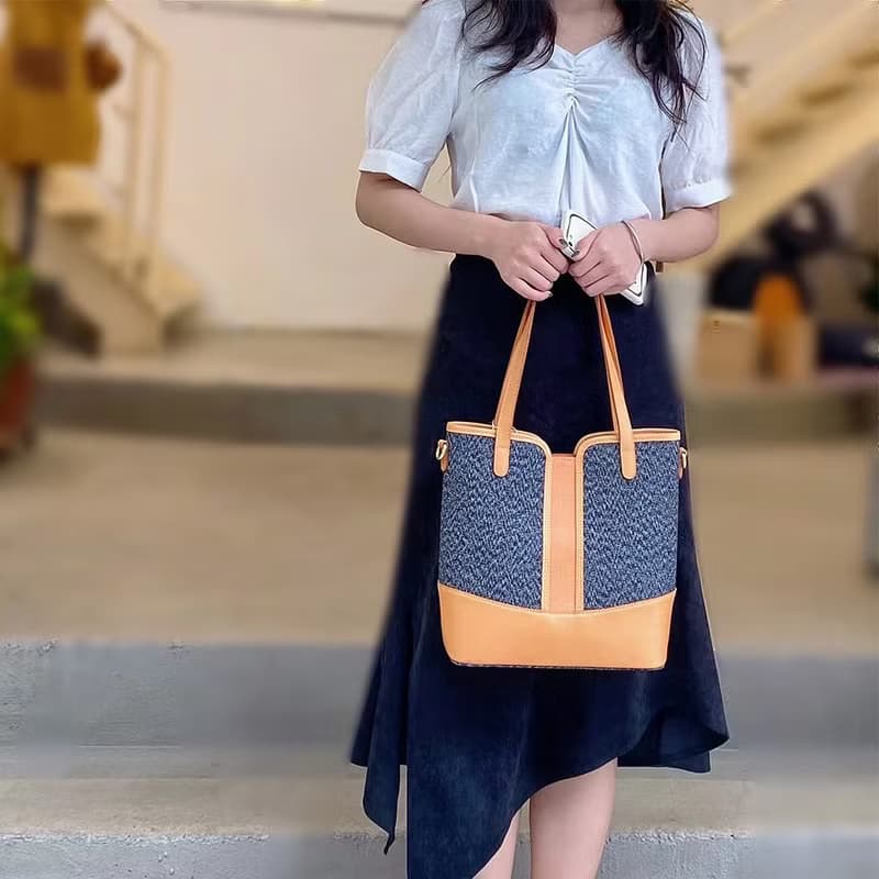 【歲末 7 折】休閒真皮+帆布大容量肩背包 手提托特包 兩用子母包