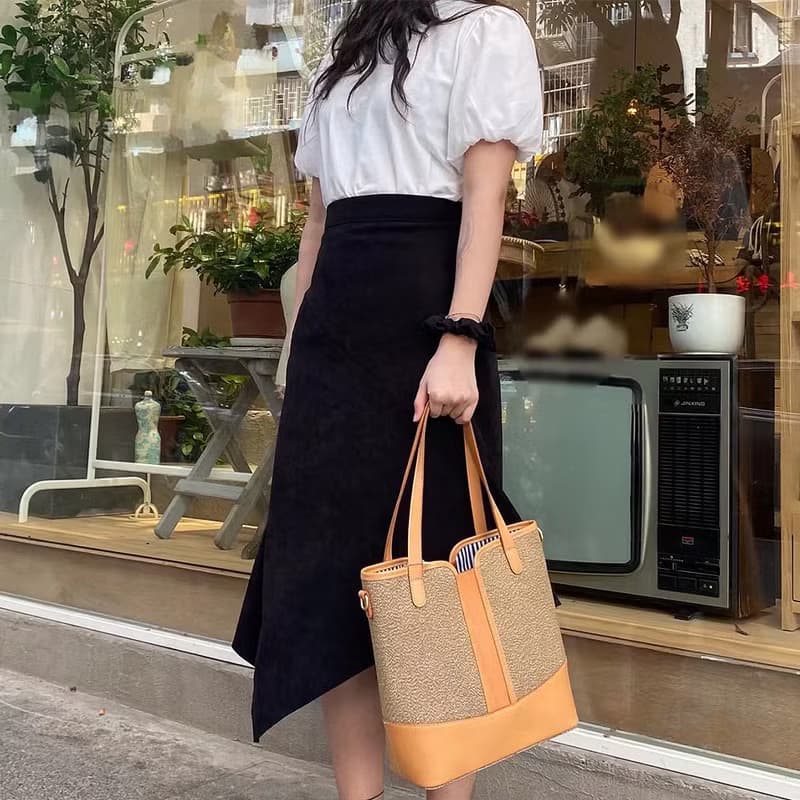 【歲末 7 折】休閒真皮+帆布大容量肩背包 手提托特包 兩用子母包