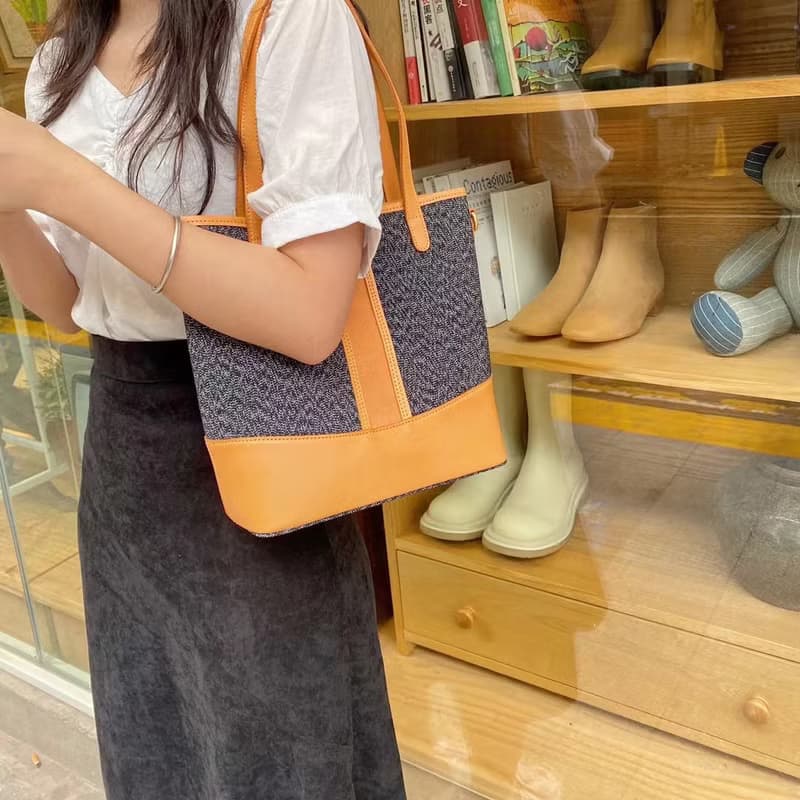 【歲末 7 折】休閒真皮+帆布大容量肩背包 手提托特包 兩用子母包