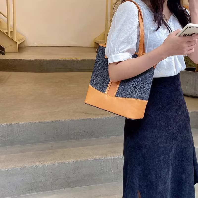 【歲末 7 折】休閒真皮+帆布大容量肩背包 手提托特包 兩用子母包