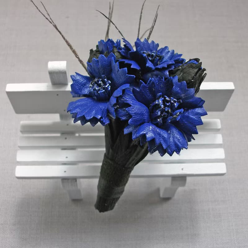 Leather brooch with a bouquet of cornflowers