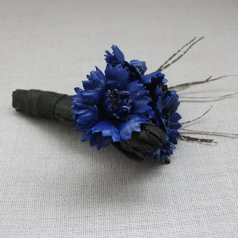 Leather brooch with a bouquet of cornflowers