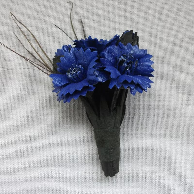Leather brooch with a bouquet of cornflowers
