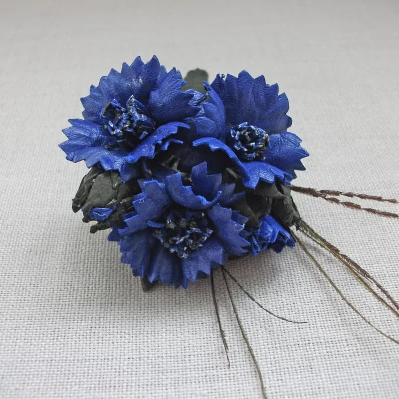 Leather brooch with a bouquet of cornflowers