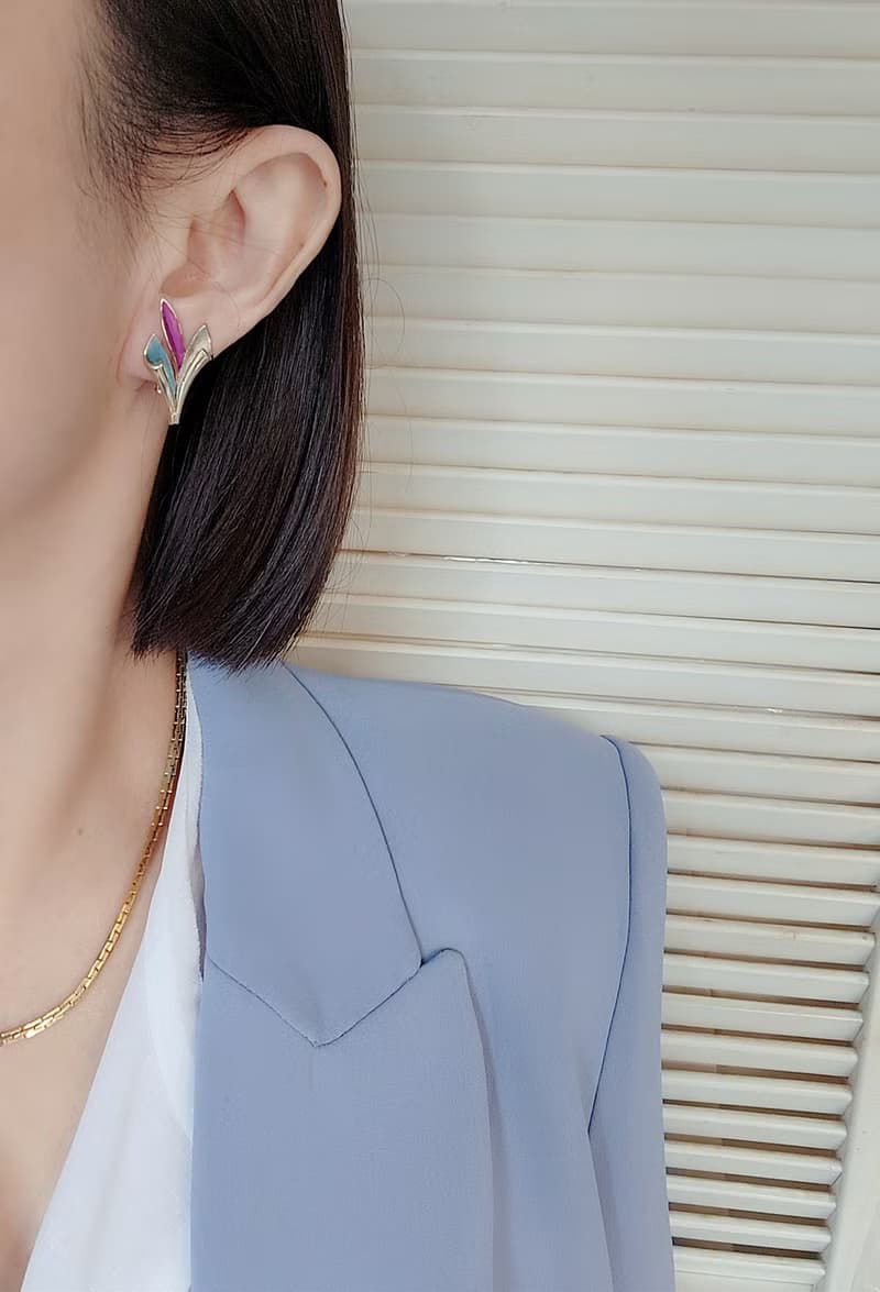 美國西洋古董飾品/ 金捲邊煙火鮮豔琺瑯夾式耳環/古著首飾