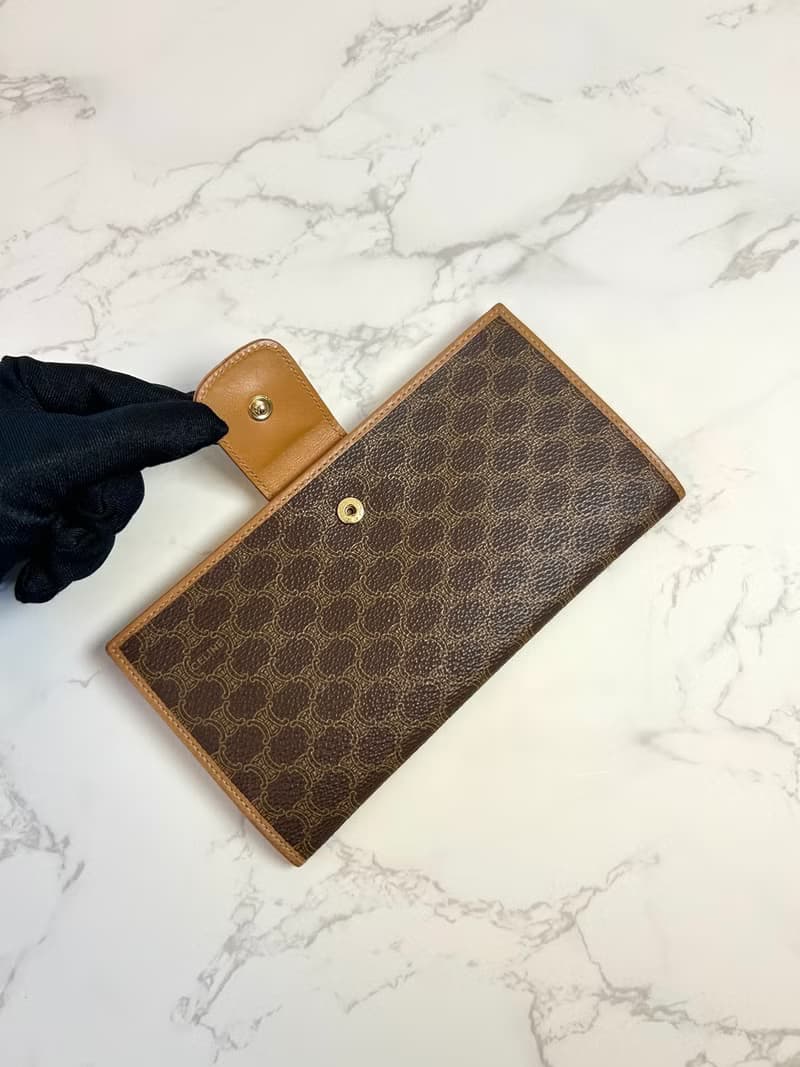 【初夏優惠】中古二手Celine咖啡色老花皮革長夾錢包小手拿袋