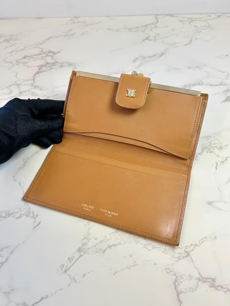 【初夏優惠】中古二手Celine咖啡色老花皮革長夾錢包小手拿袋