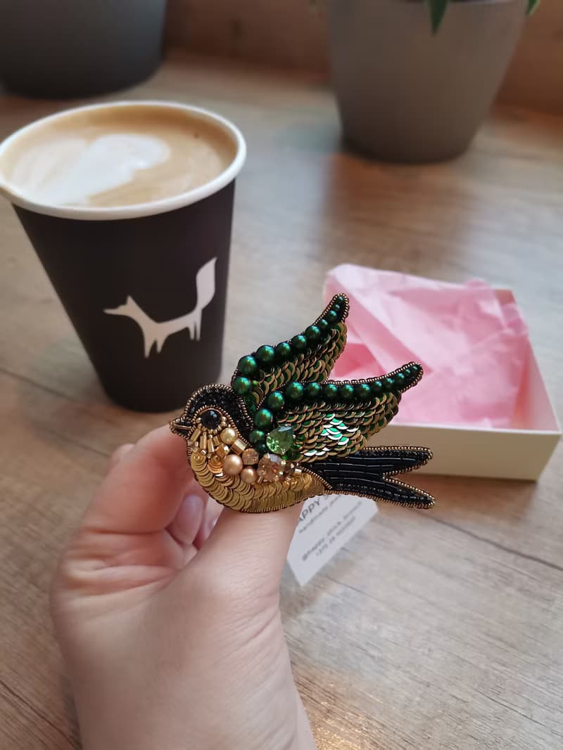 蜂鳥 別針,  swallow bird jewelry brooch beaded, Green bird jewelry
