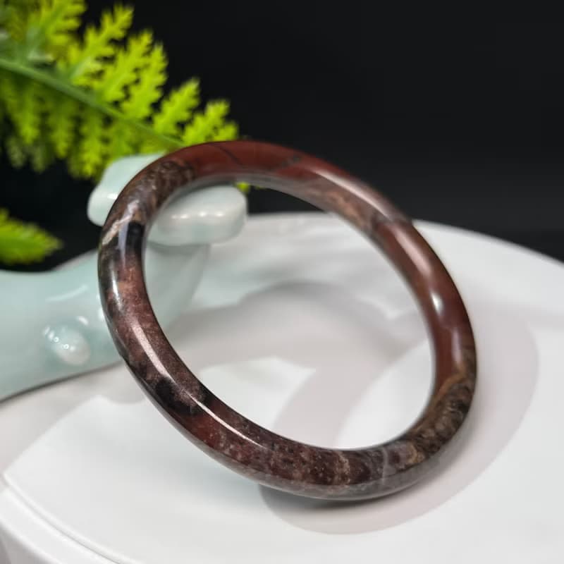 巧克力色薔薇輝手镯57MM 獨特細圓條玫瑰石桃花玉手環 美好圓融