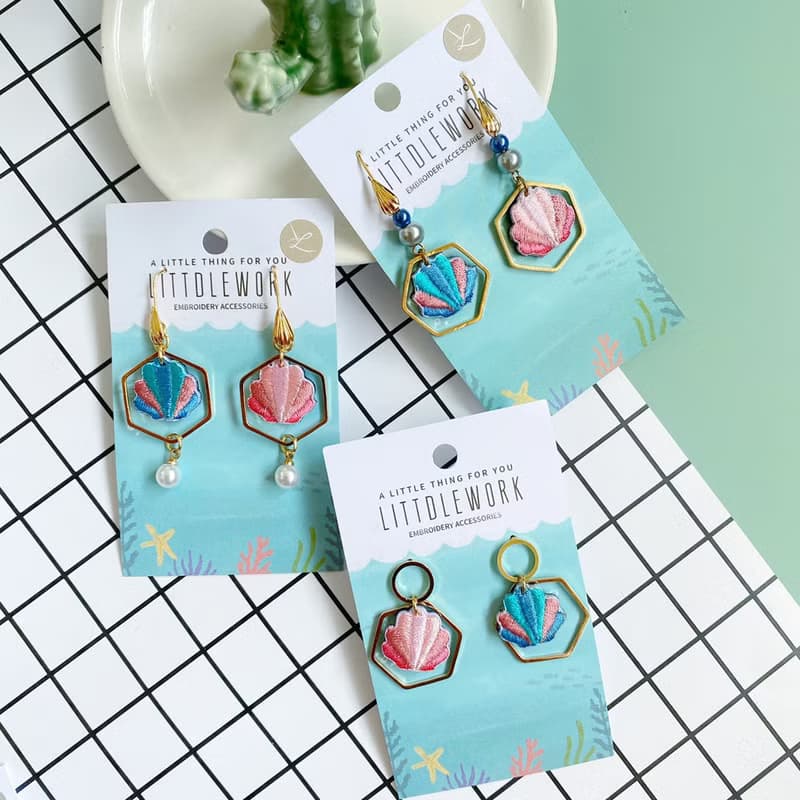 刺繡耳環 | 耳夾 / 耳釘 / 耳勾 - 貝殼