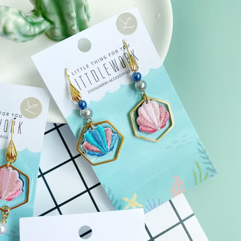 刺繡耳環 | 耳夾 / 耳釘 / 耳勾 - 貝殼