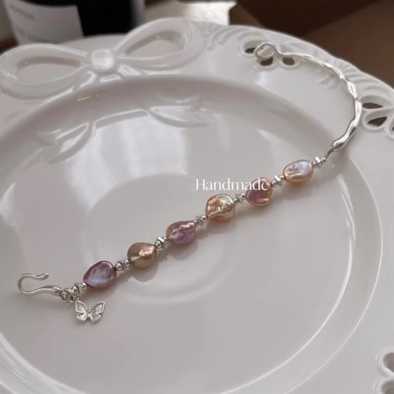 YuanPearl天然極光巴洛克紫粉巴洛克花瓣珍珠手鍊純銀手鍊