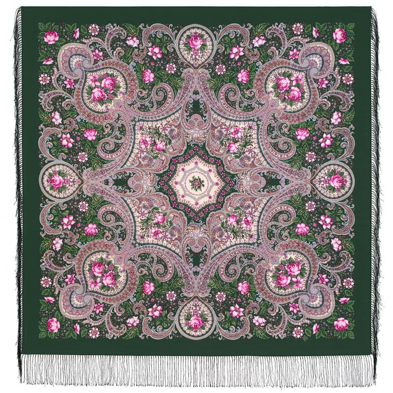 Pavlovo Posad Russian Shawl 100% Wool Scarf 125x125 cm Wrap Silk Fringe 1959-9