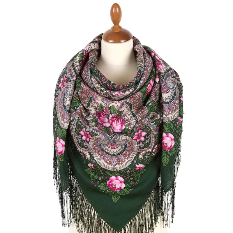 Pavlovo Posad Russian Shawl 100% Wool Scarf 125x125 cm Wrap Silk Fringe 1959-9