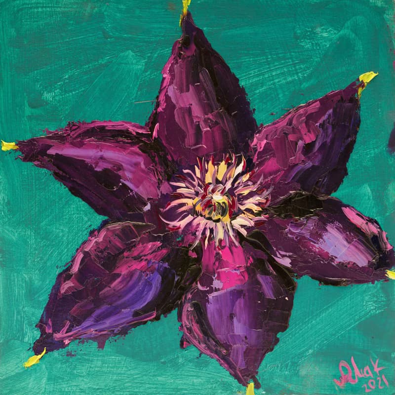 Clematis Painting Small Floral Original Painting Tiny Oil Painting Impasto Flowe