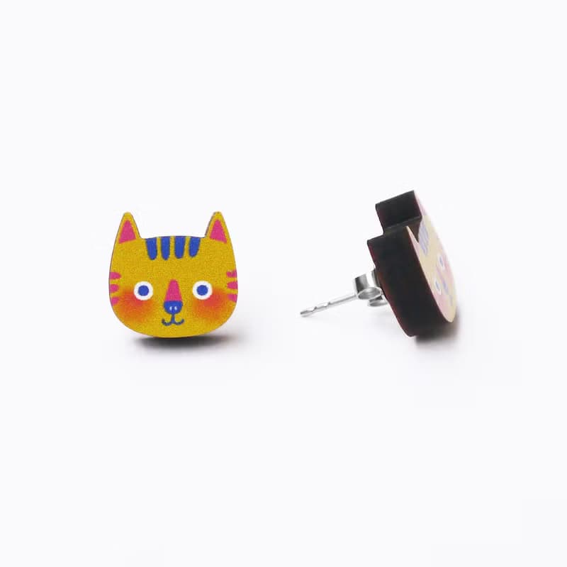 Momo The Yellow Cat 摸摸黃色小貓木製耳環 原創插畫 耳針耳夾