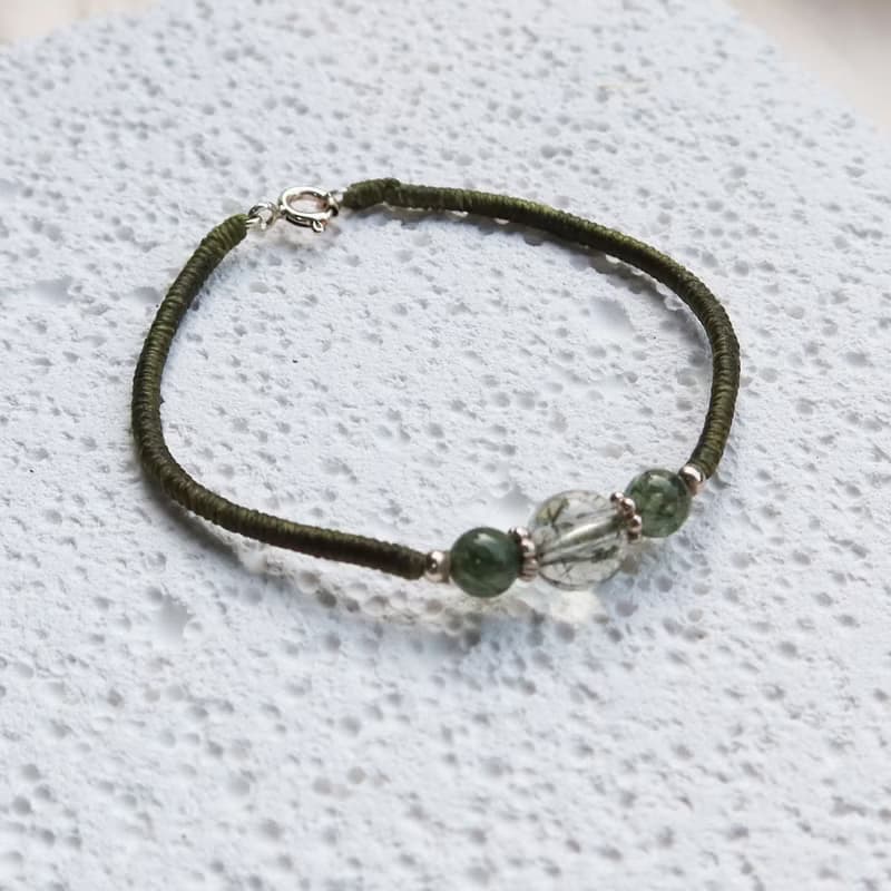 【水晶蠟繩系列】綠絲髮晶x金剛結x圓珠x招財x助事業 蠟線手鍊