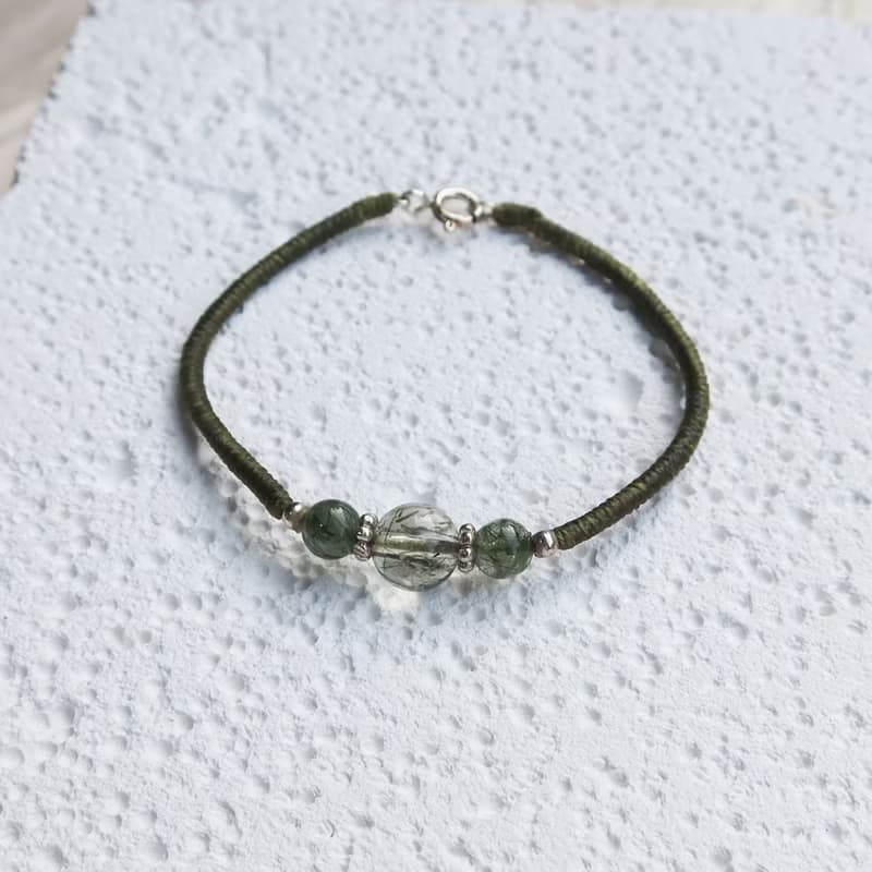 【水晶蠟繩系列】綠絲髮晶x金剛結x圓珠x招財x助事業 蠟線手鍊