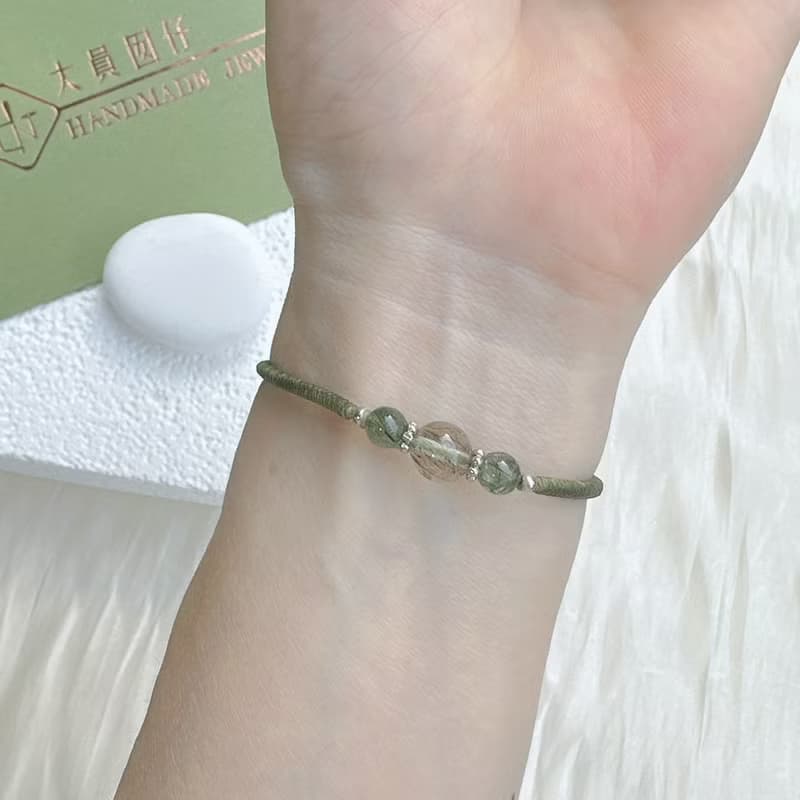 【水晶蠟繩系列】綠絲髮晶x金剛結x圓珠x招財x助事業 蠟線手鍊