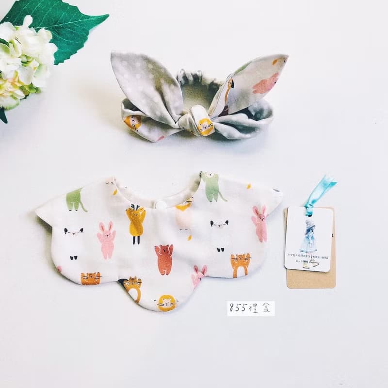 【可快速出貨】女寶/動物點點雙面圍兜/寶寶髮帶/奶嘴鏈/彌月禮盒