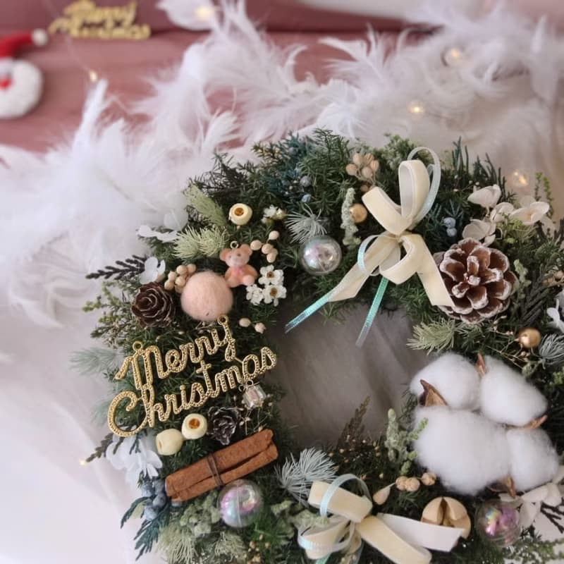 可愛小熊 雪松聖誕花圈 奶杏粉色裝飾 永生聖誕花圈 聖誕節禮物