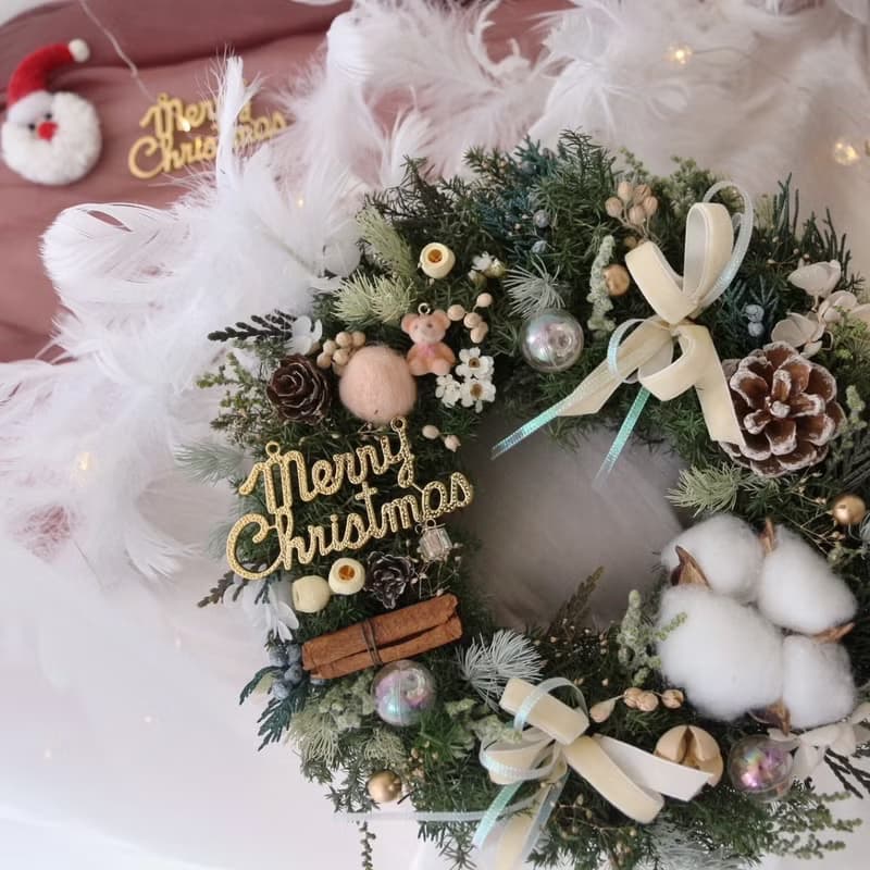 可愛小熊 雪松聖誕花圈 奶杏粉色裝飾 永生聖誕花圈 聖誕節禮物