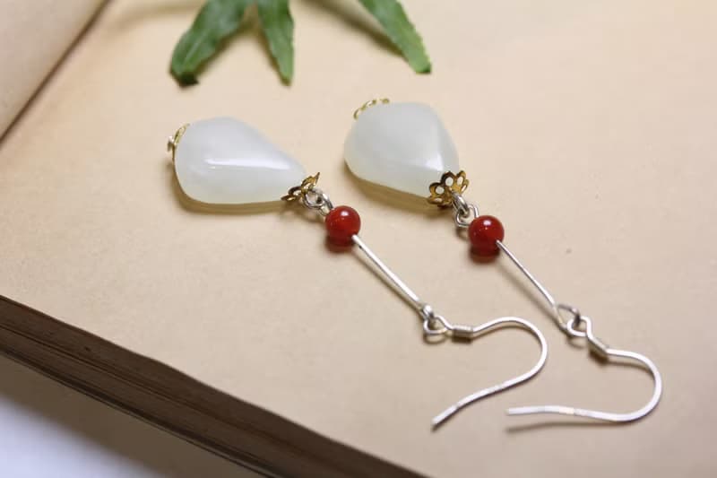 和田手工打磨 隨形白玉 耳墜 女士中國風 耳飾品 s925銀