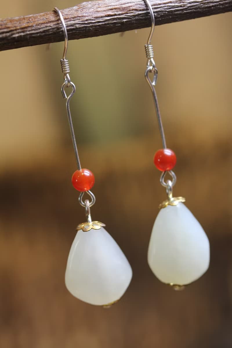 和田手工打磨 隨形白玉 耳墜 女士中國風 耳飾品 s925銀