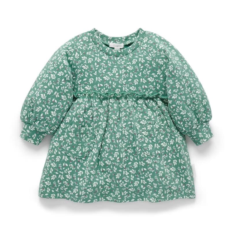 澳洲Purebaby有機棉女童長袖洋裝/童裝裙 12M-5T 綠色枝葉