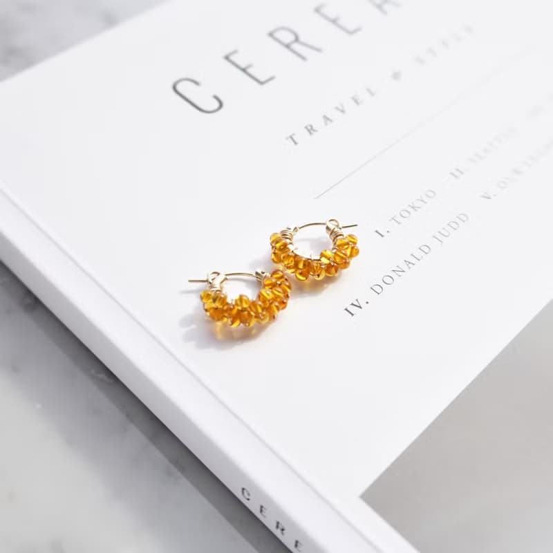 14kgf 天然琥珀 Baltic Amber pavé clip on / pierced earrings