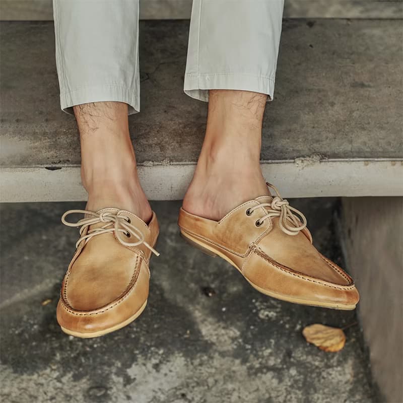 真皮男鞋 休閒鞋 牛皮拖鞋 膠底懶人鞋 英倫風平底鞋 輕便鞋 涼鞋