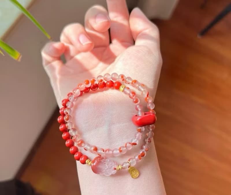 硃砂搭配冰飄南紅瑪瑙手鏈  冰飄南紅貔貅 招財闢邪