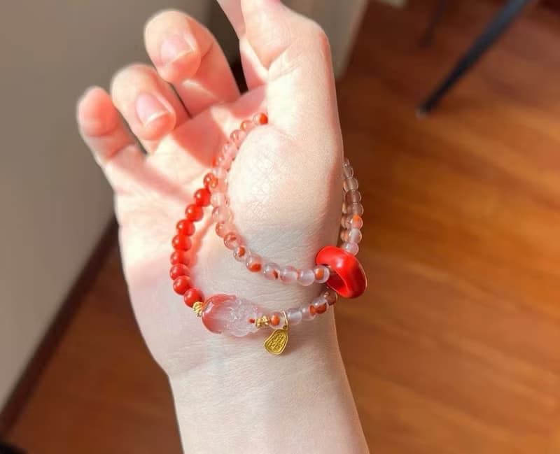 硃砂搭配冰飄南紅瑪瑙手鏈  冰飄南紅貔貅 招財闢邪