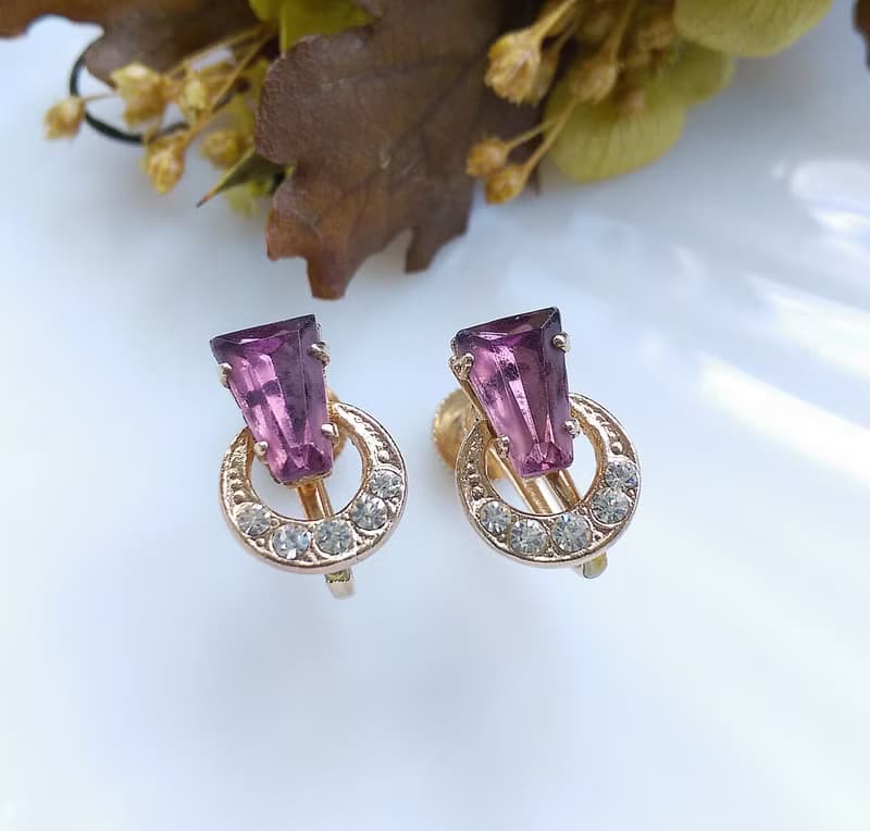 Vintage Jewelry 西洋古董飾品 氣質 小巧紫鑽 栓式耳環
