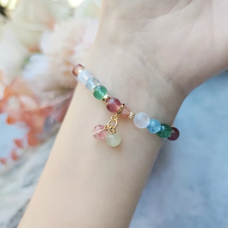 Merry Xmas-能量水晶手鍊-草莓晶/月光石/金太陽/高冰海藍寶