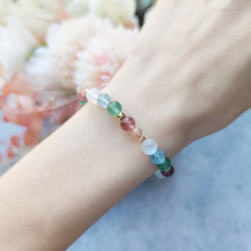 Merry Xmas-能量水晶手鍊-草莓晶/月光石/金太陽/高冰海藍寶