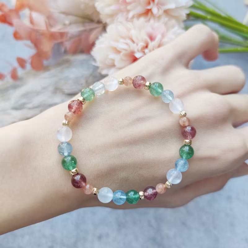 Merry Xmas-能量水晶手鍊-草莓晶/月光石/金太陽/高冰海藍寶