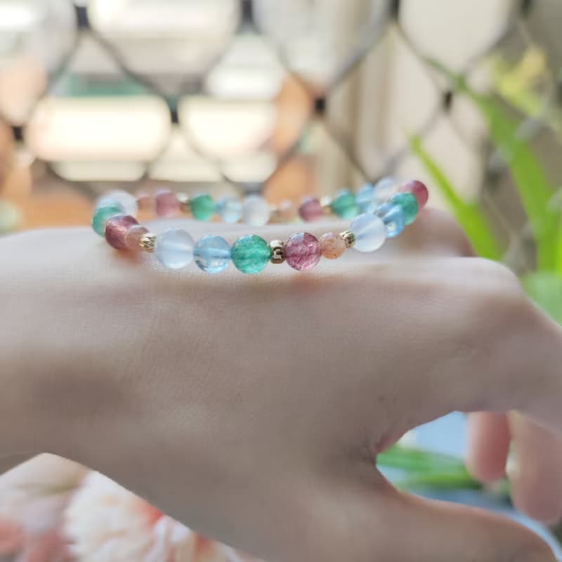 Merry Xmas-能量水晶手鍊-草莓晶/月光石/金太陽/高冰海藍寶