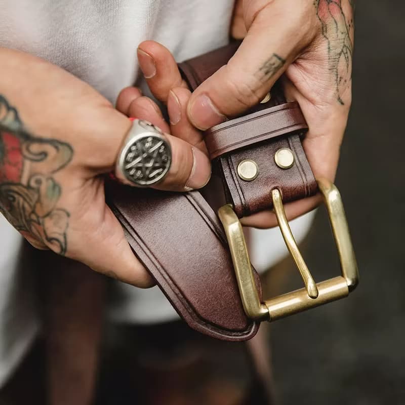 【免費刻英文】復古銅扣真皮皮带 整层牛皮腰带 男士休閒牛仔褲帶