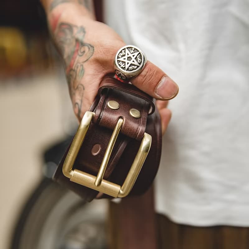 【免費刻英文】復古銅扣真皮皮带 整层牛皮腰带 男士休閒牛仔褲帶