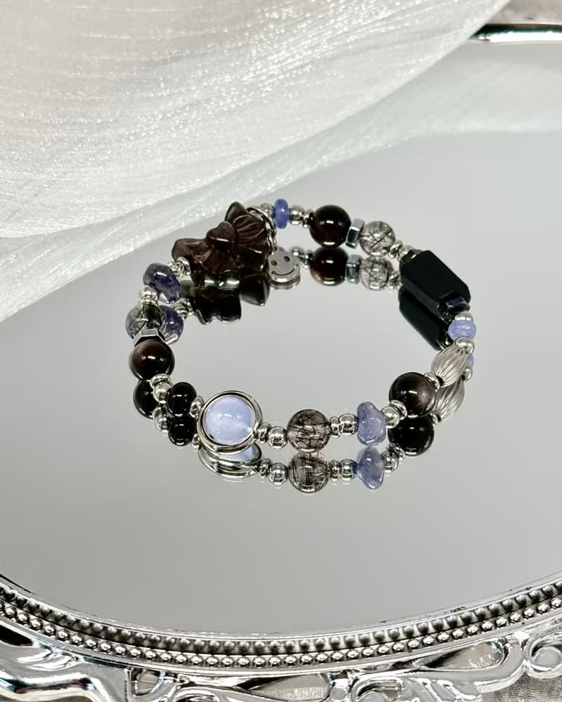 上善若水氣質水晶手鍊 - 醫療鋼/銀曜石/黑髮晶/藍紋瑪瑙/堇青石