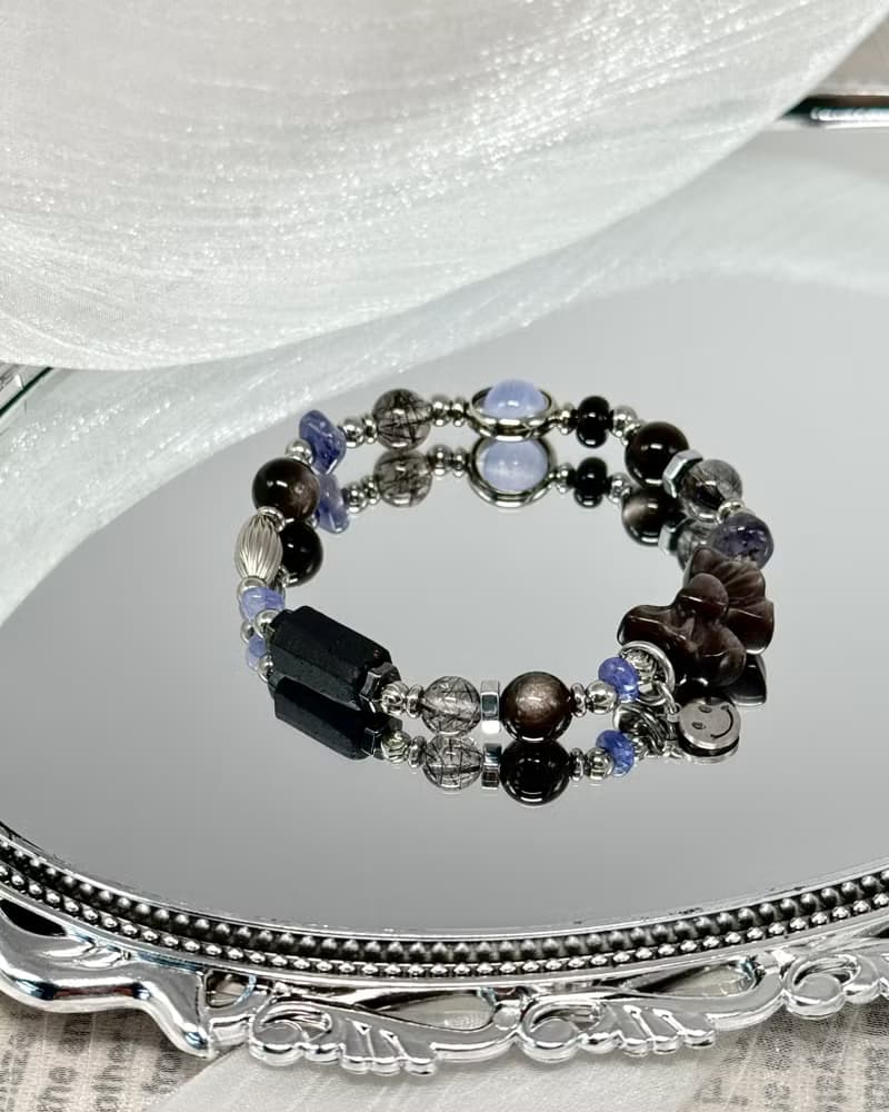 上善若水氣質水晶手鍊 - 醫療鋼/銀曜石/黑髮晶/藍紋瑪瑙/堇青石