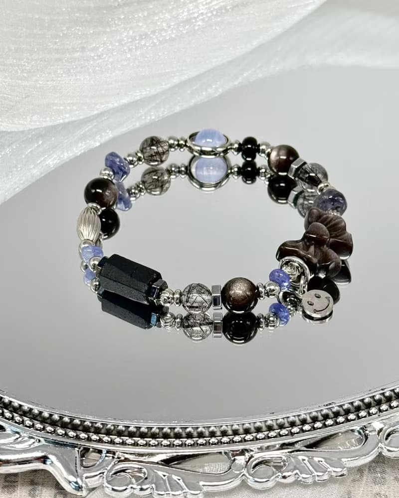 上善若水氣質水晶手鍊 - 醫療鋼/銀曜石/黑髮晶/藍紋瑪瑙/堇青石