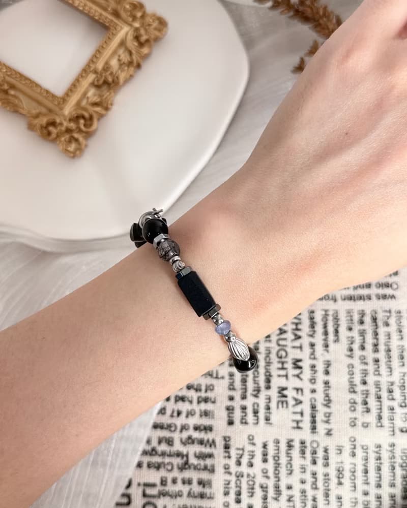 上善若水氣質水晶手鍊 - 醫療鋼/銀曜石/黑髮晶/藍紋瑪瑙/堇青石