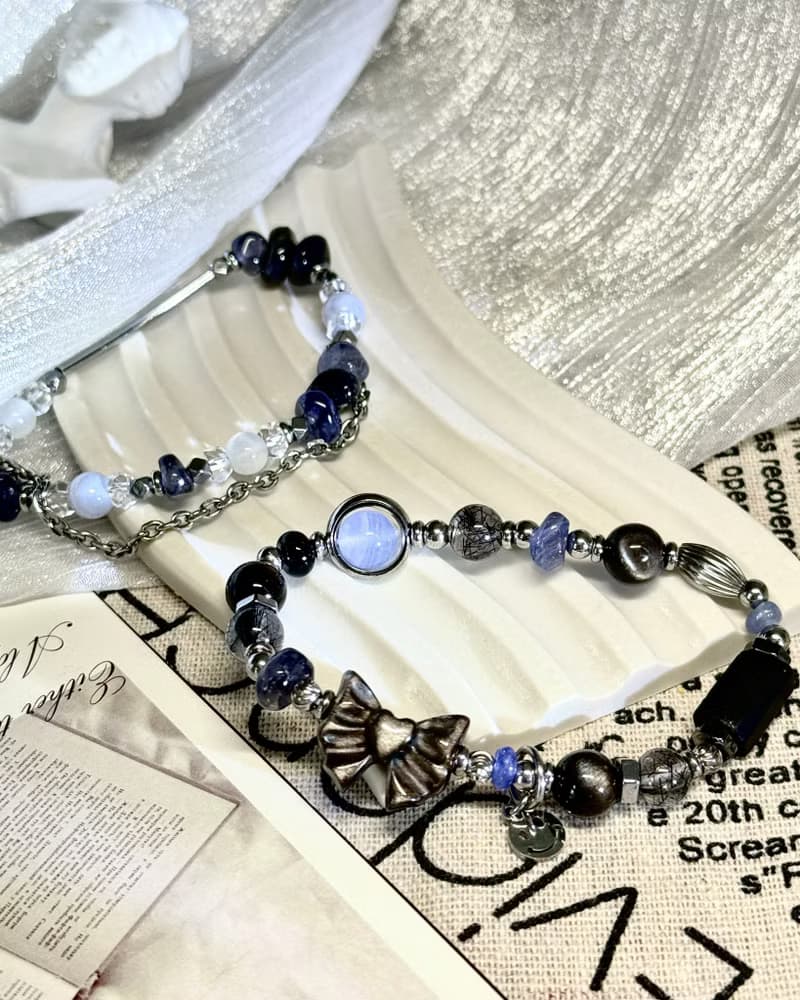 上善若水氣質水晶手鍊 - 醫療鋼/銀曜石/黑髮晶/藍紋瑪瑙/堇青石