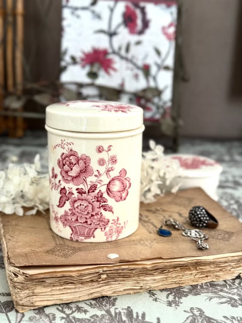 40711-典雅古董Royal Staffordshire 粉色花飾瓷器收納罐