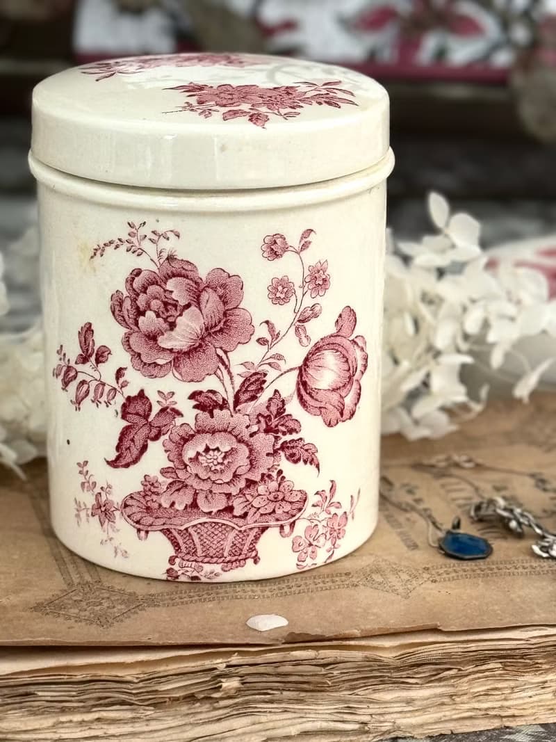 40711-典雅古董Royal Staffordshire 粉色花飾瓷器收納罐